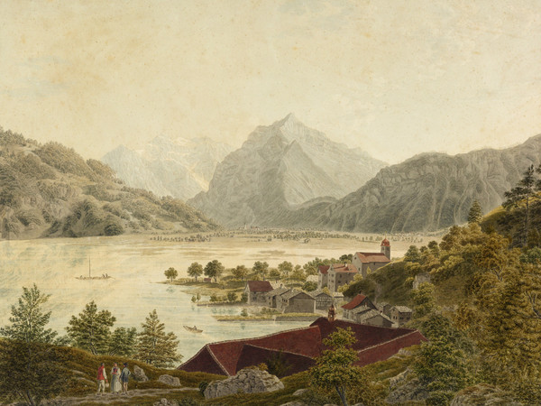 Weesen, vue générale depuis le nord-est. Bateau ; Glärnisch ; église ; monastère ; Rautispitz ; lac de Walenstadt