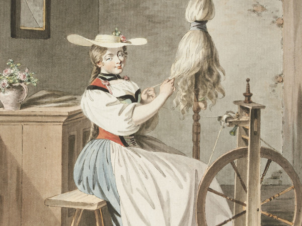 Jeune fille en costume à son rouet  