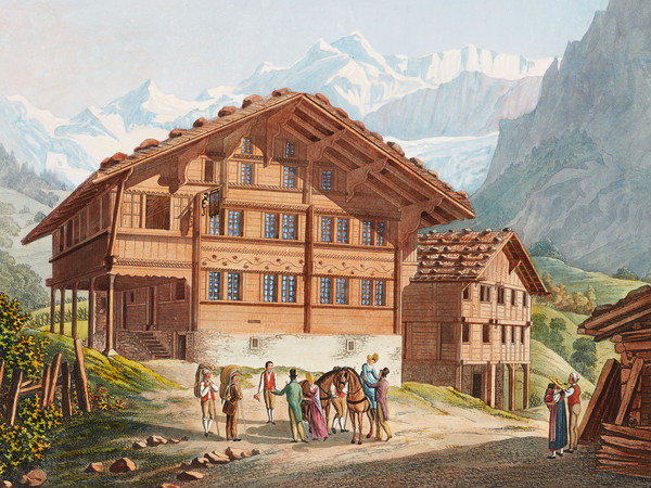 Auberge à Grindelwald. Au premier plan, groupe de voyageurs; à l’arrière-plan, montagnes.