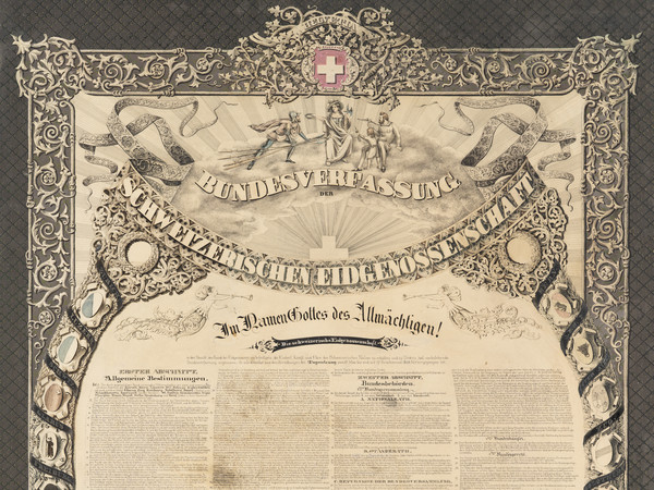 Schweizerische Bundesverfassung von 1850 mit Helvetia, Winkelried und Wilhelm Tell im Strahlenmeer, Kantonswappen im Kranz und Genrebildern in den Zwickeln