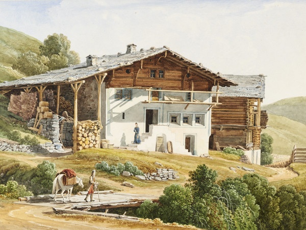 Ferme, vue extérieure. paysan ; pont ; voyageur