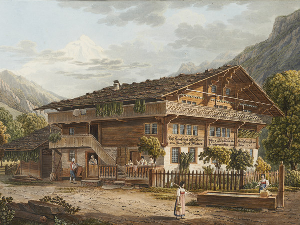 Bauernhaus, Aussenansicht. Bauer; Bauernhof; Breithorn; Brunnen