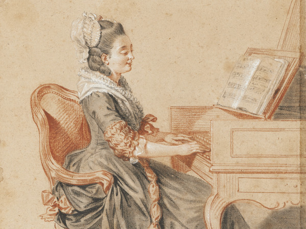 Jeune femme au piano en robe rococo