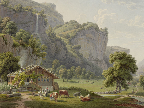 Lauterbrunnen, Teilansicht. Bauernhaus; Garten; Lauterbrunnental; Staubbachfall; Wasserfall