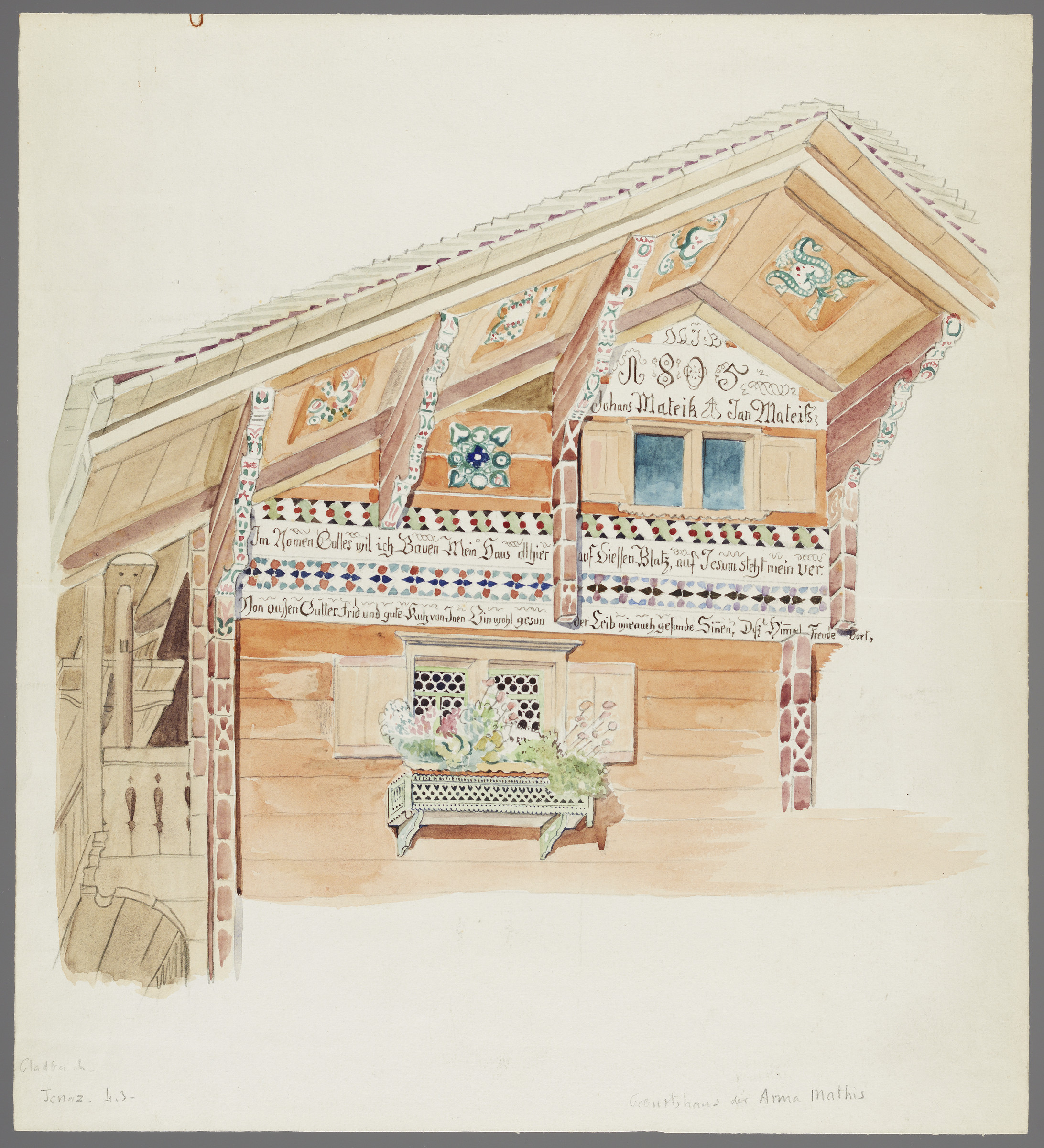 Ferme, vue partielle de la façade avec inscription de la maison et vue de dessous du toit