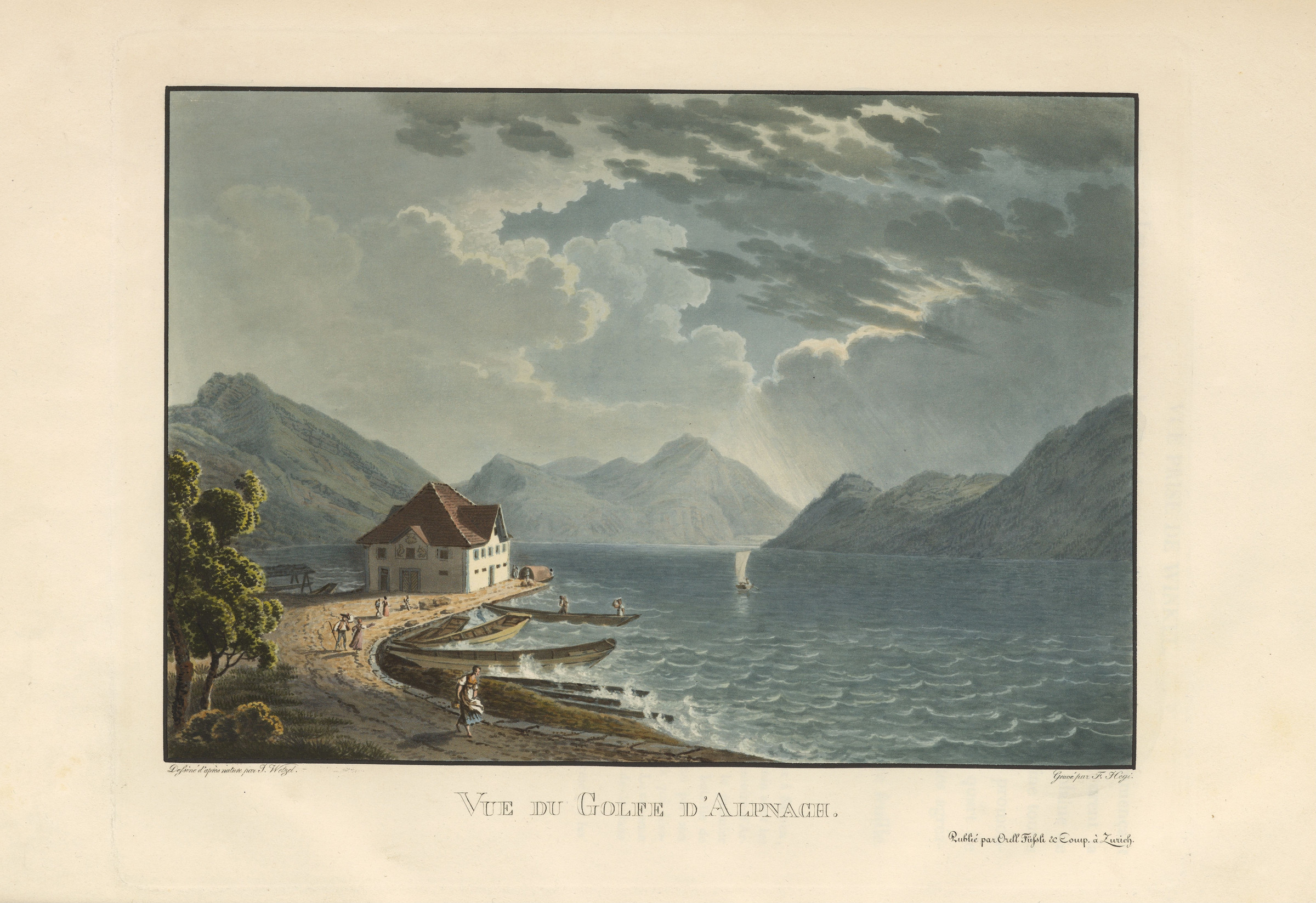 Alpnach, vue partielle depuis le sud. Bateau ; orage ; port ; lac des Quatre-Cantons