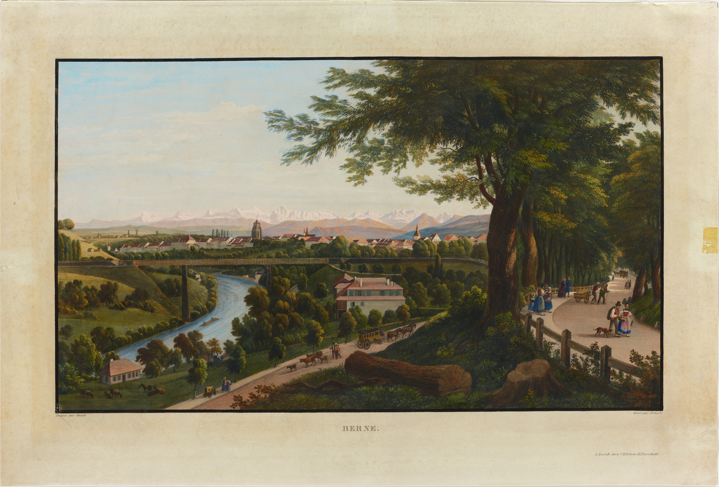 Vue de Berne depuis le Nord avec le premier pont ferroviaire enjambant l’Aar