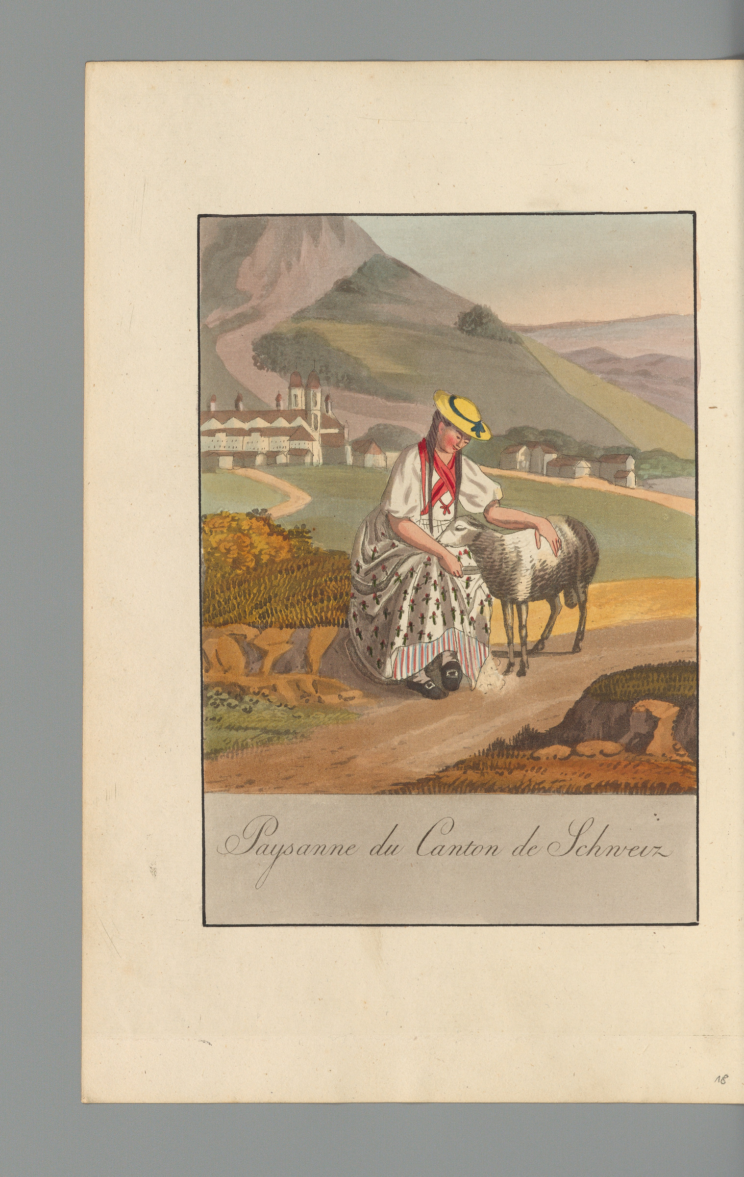 Weibliche Ganzfigur in der Tracht des Kanton Schwyz, sitzend ein Schaf streichelnd, eingebettet in einer Landschaft mit dem Kloster Einsiedeln