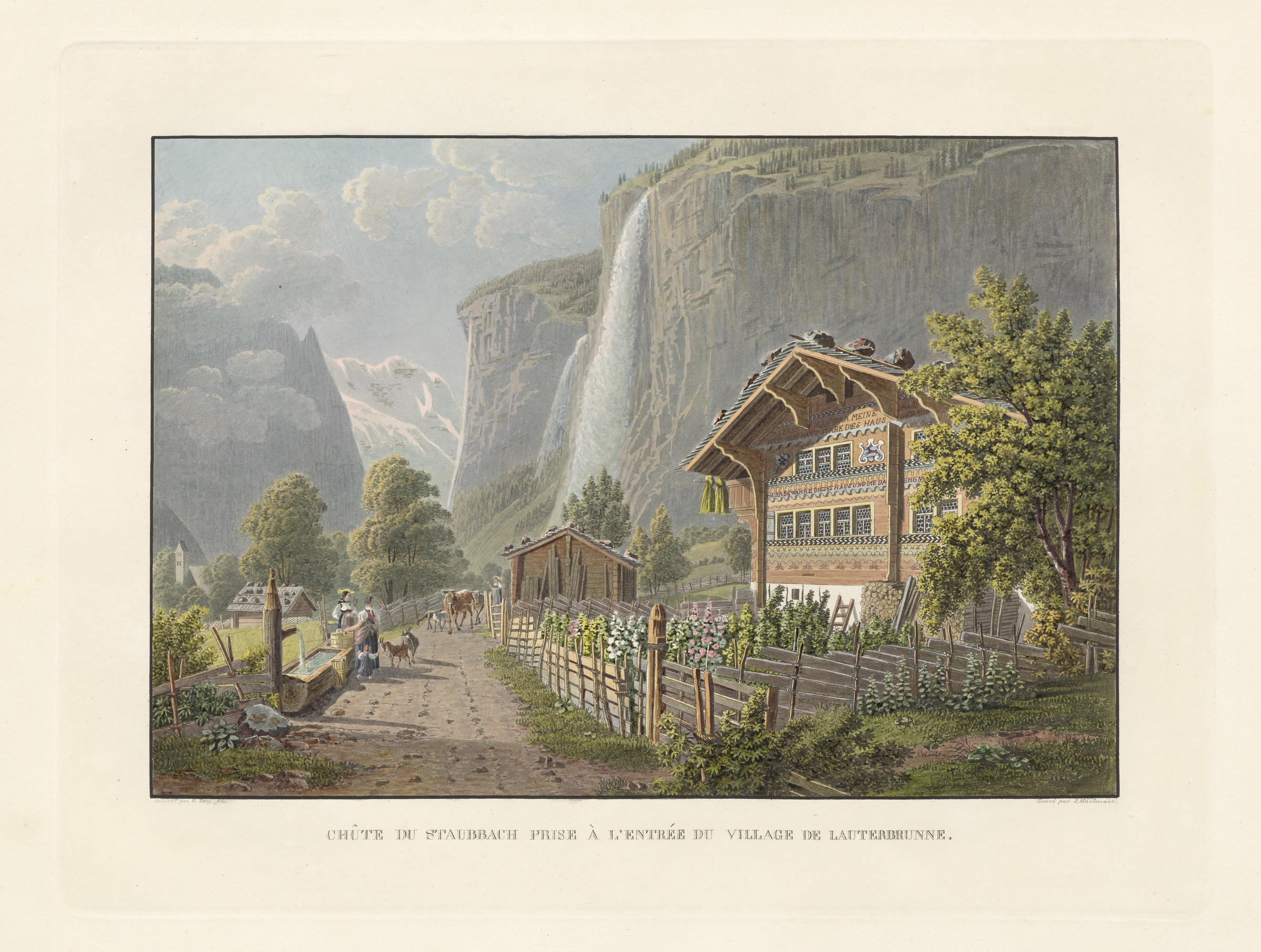 Lauterbrunnen, vista parziale. Casa colonica; fontana; giardino; cascate di Staubbach