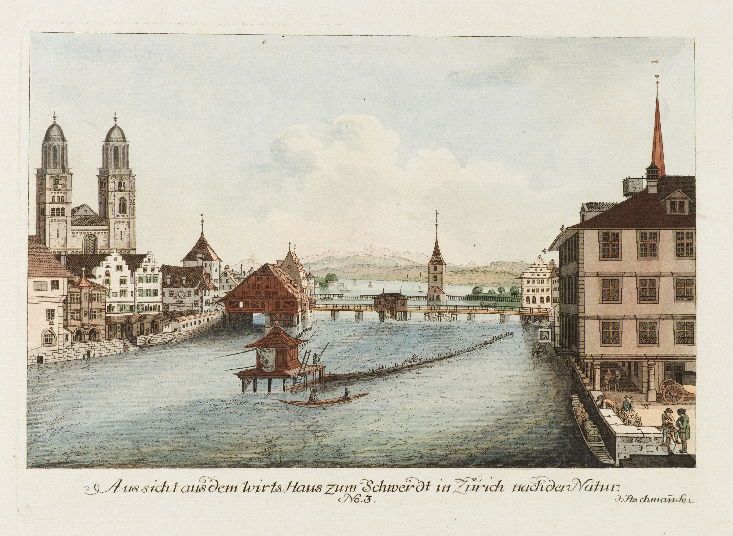 Zurich, les deux rives de la Limmat, vers l’amont, avec vue sur la Grossmünster, le lac et les Alpes