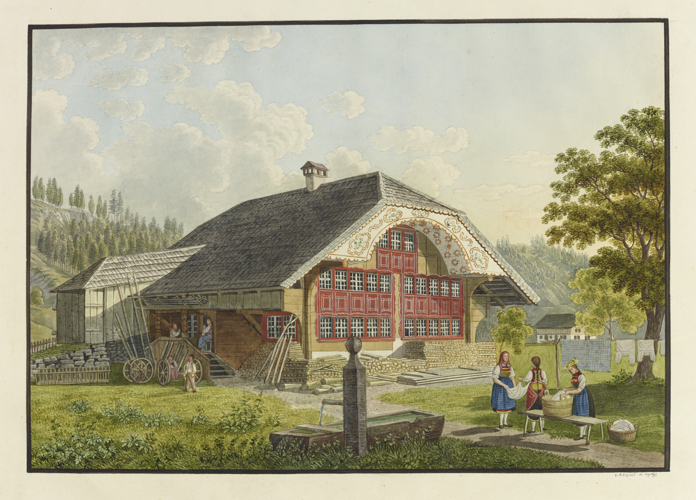 Ferme, vue extérieure. paysan ; fotaine ; Entlebuch