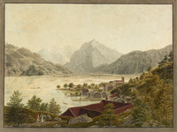 Weesen, vue générale depuis le nord-est. Bateau ; Glärnisch ; église ; monastère ; Rautispitz ; lac de Walenstadt