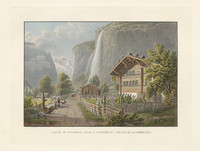 Lauterbrunnen, Teilansicht. Bauernhaus; Brunnen; Garten; Staubbachfall