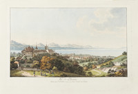 Lausanne, Panoramablick aus nordöstlicher Richtung. Schloss; Garten; Genfer See; Ernte