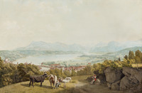 Au premier plan, berger jouant de la flùte et femme en train de traire deux vaches; à l’arrière-plan, vue de la ville de Lucerne du sud-ouest.