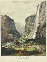 Ansicht auf den Staubbachfall im Lauterbrunnental, im Vordergrund Staffagefiguren mit Differenzierung von Tracht und städtischer Kleidung
