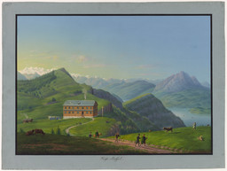 Auberge de Rigi-Staffel et vue sur le lac des Quatre-Cantons. Au premier plan, touristes.