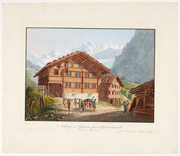 Gasthof in Grindelwald. Im Vordergrund eine Reisegruppe, im Hintergrund Gebirge.