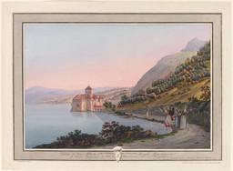 Le château de Chillon au bord du Léman. Au premier plan, scène tirée du roman de Jean-Jacques Rousseau Julie ou la Nouvelle Héloïse.