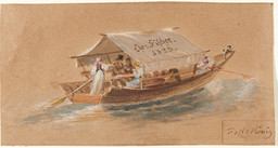 Bateau couvert, avec des batelières et des touristes 